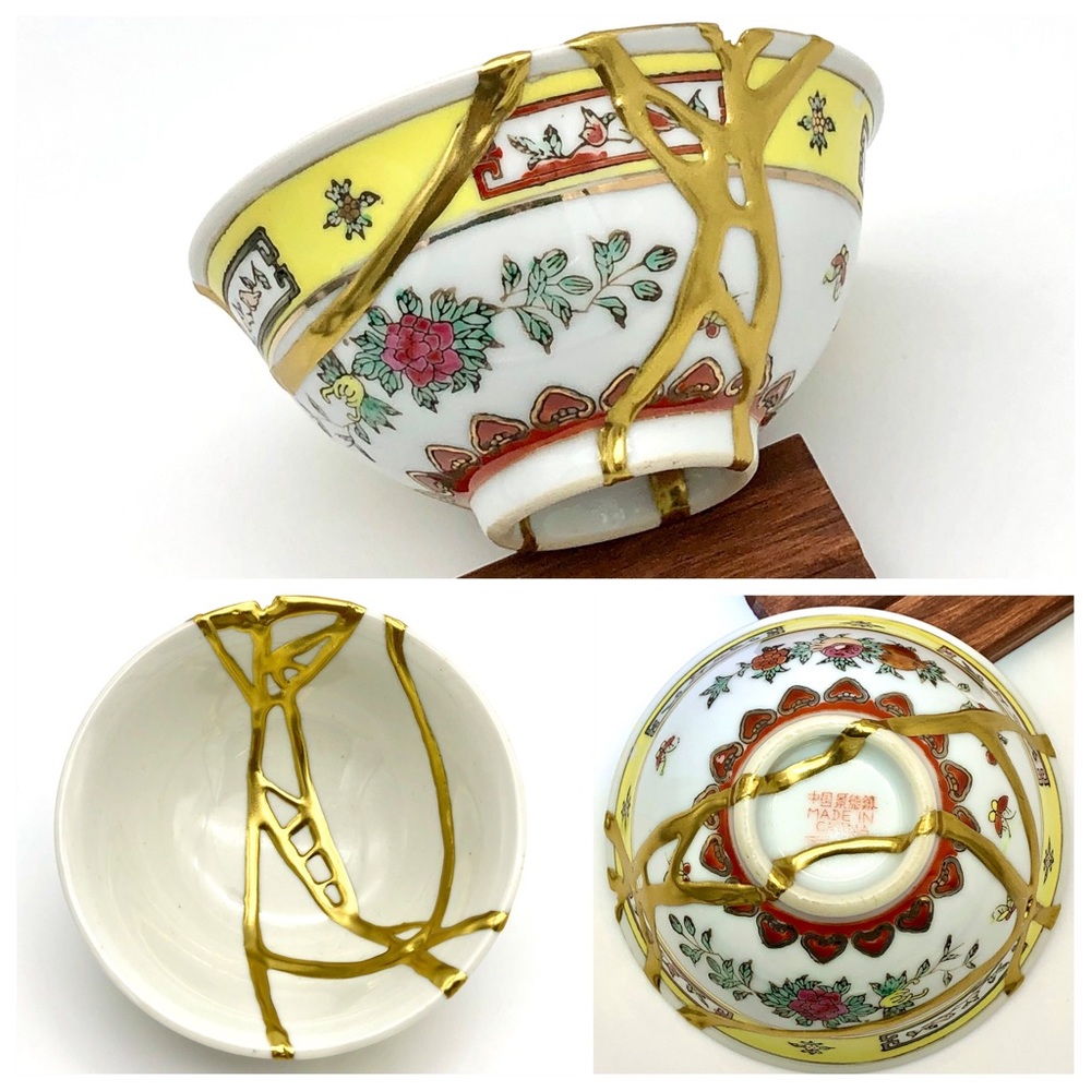Kintsugi Bowl Chinese Jingdezen Floral Gold Crack Japanese Personal Growth Gift